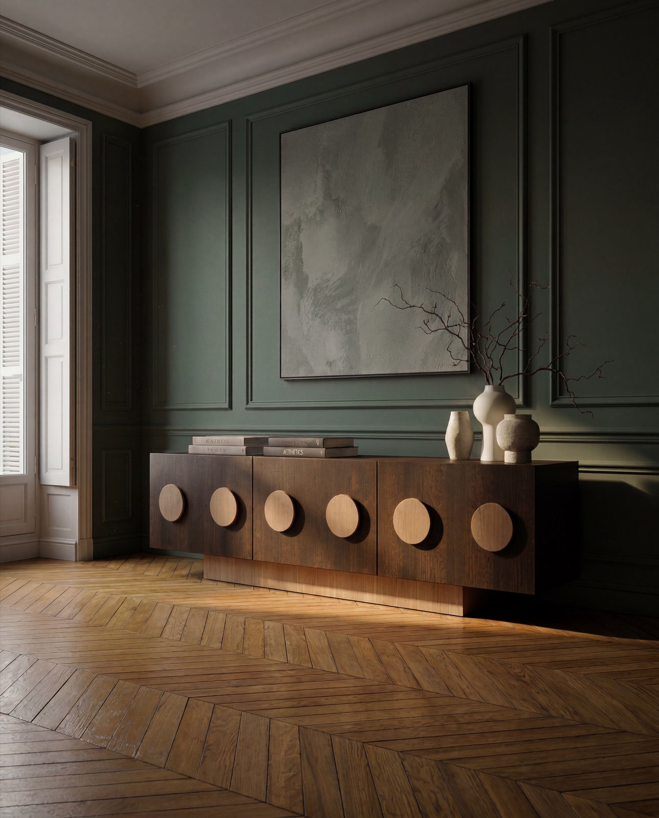 Wood credenza in a moody green-walled interior